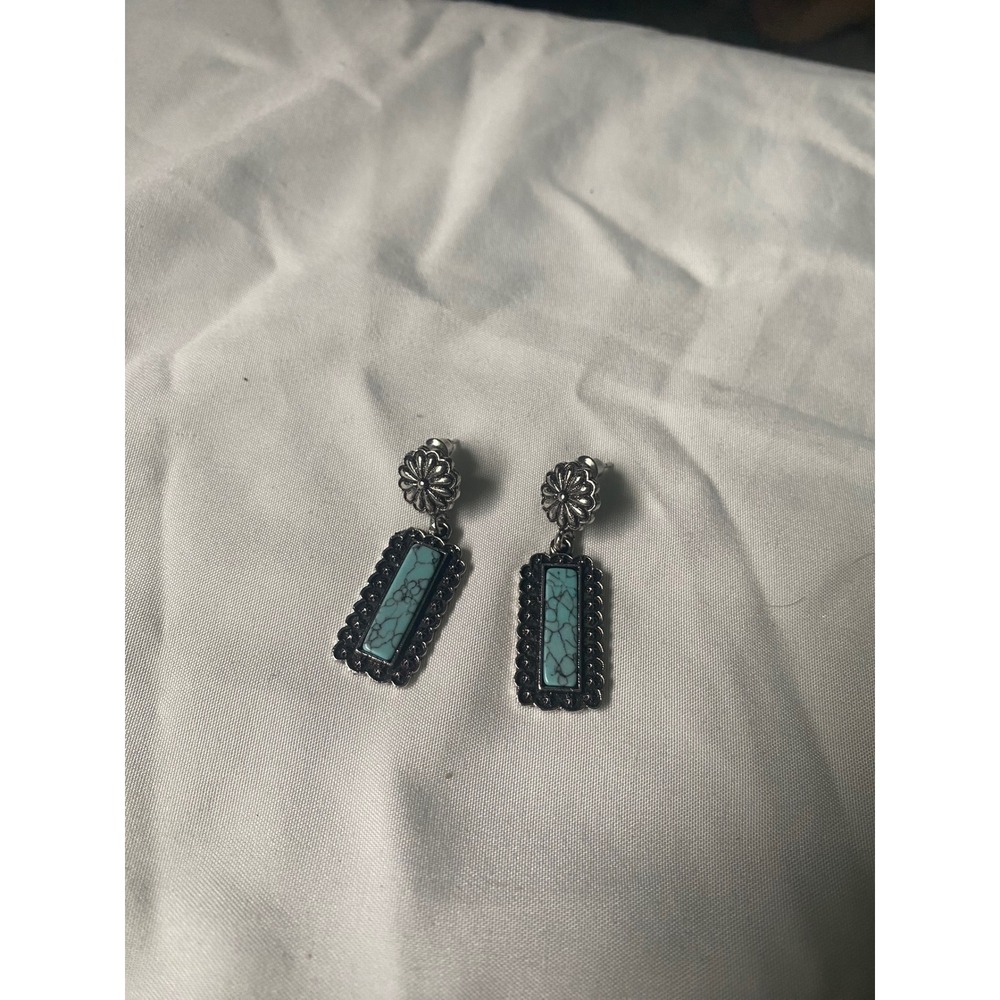 Western Faux Turquoise Silver Tone Rectangular Concho Drop Earrings